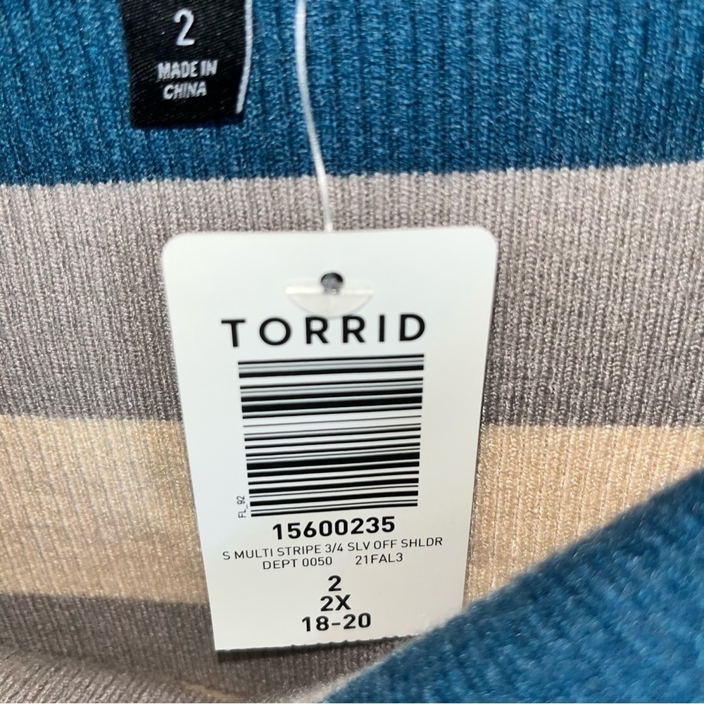 NWT Torrid Off Shoulder Ribbed Sweater 2X Multi Stripe 3/4 Sleeve Fitted Top - Picture 9 of 9